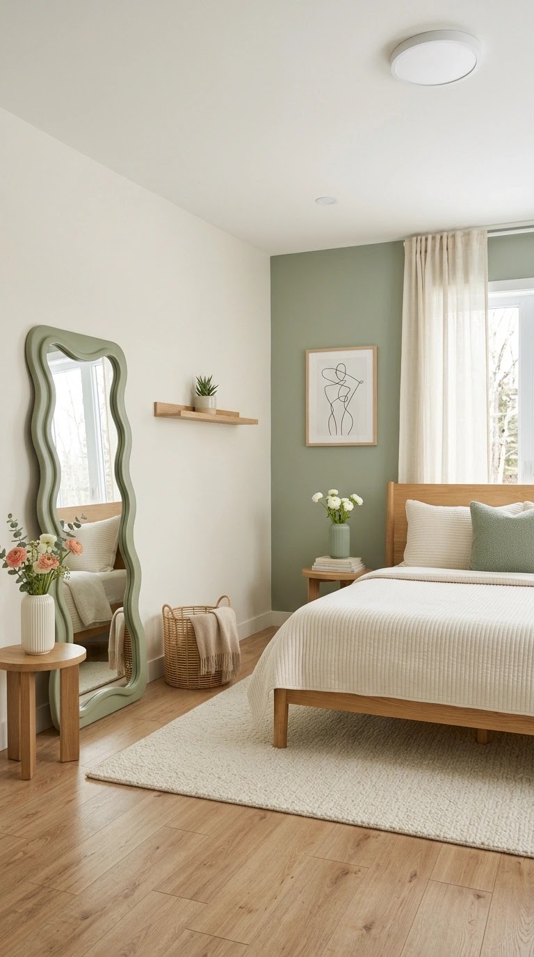 Sage green bedroom corner with cozy armchair, woven rug, floor lamp, and wooden side table creating a warm reading nook