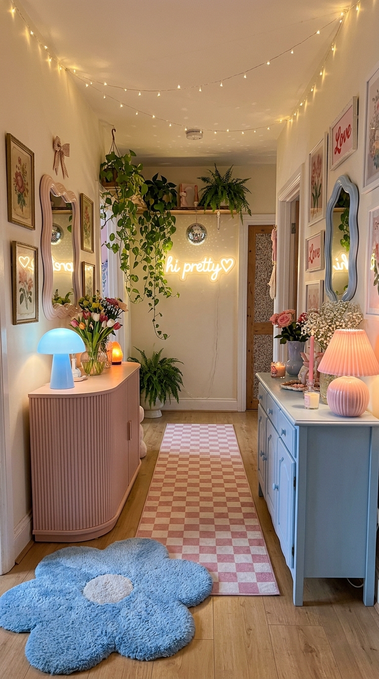 Renovating a long narrow hallway with a gallery wall, runner rug, and brass sconces without painting the walls