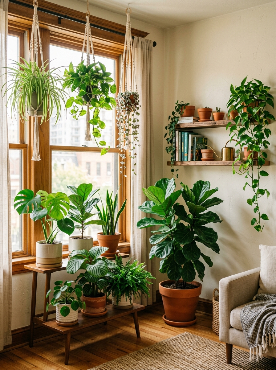 Apartment corner filled with various houseplants in stylish pots, creating a jungle-like atmosphere
