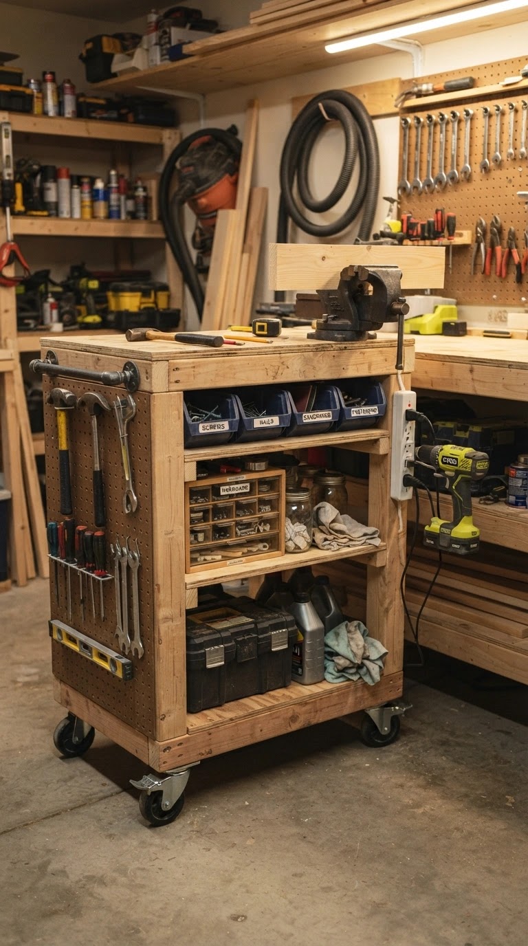 DIY rolling tool cart with multiple drawers and pegboard sides parked in a compact workshop corner