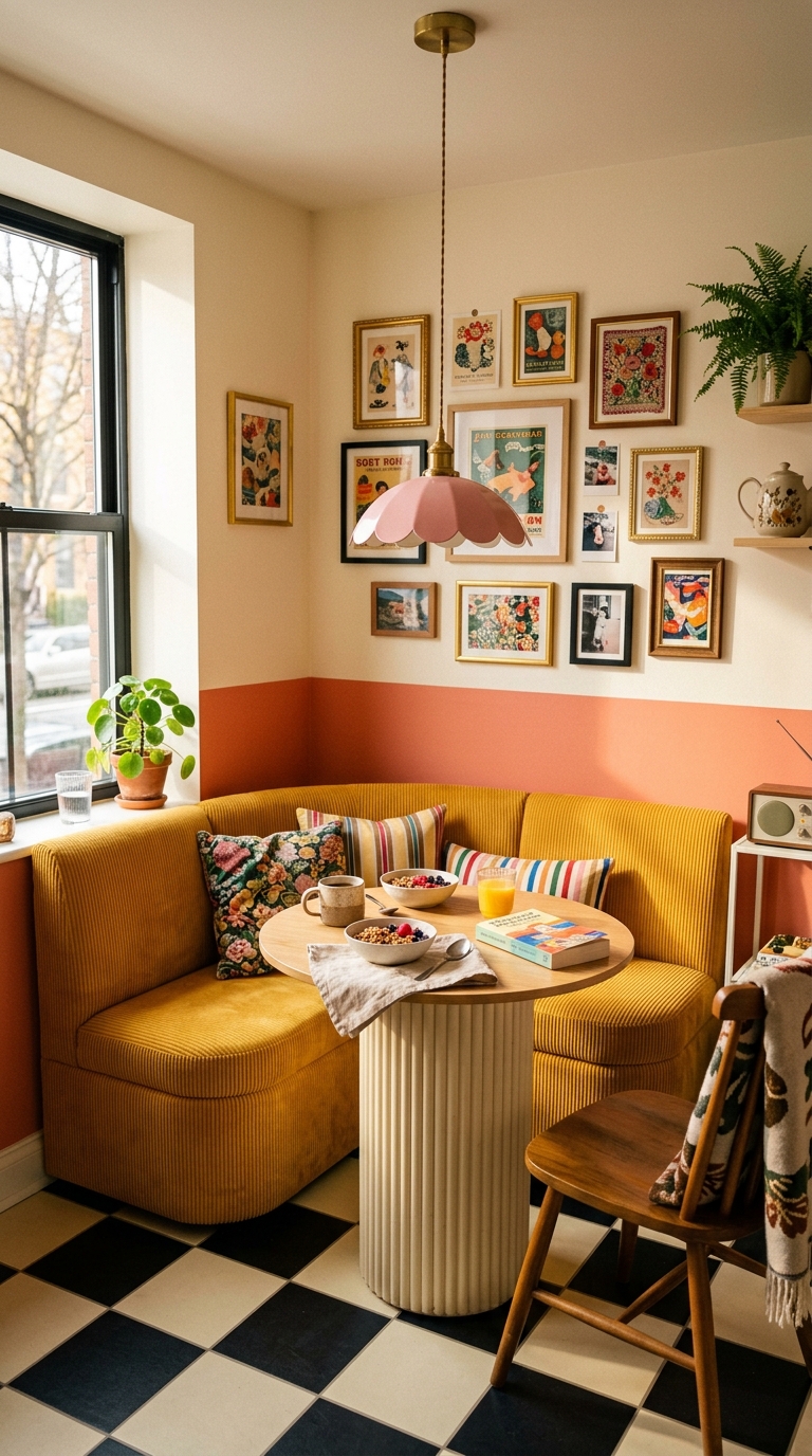 A cozy retro kitchen nook with a small dining table, patterned wallpaper, vintage pendant light, and open shelving in a warm, nostalgic apartment setting.