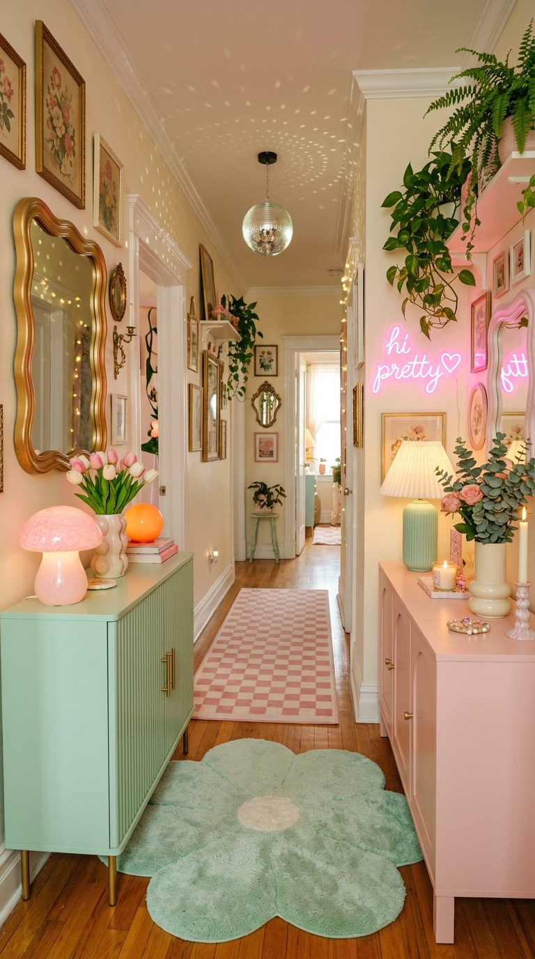 Retro lamp illuminating a cozy hallway with vintage-inspired design and warm glow