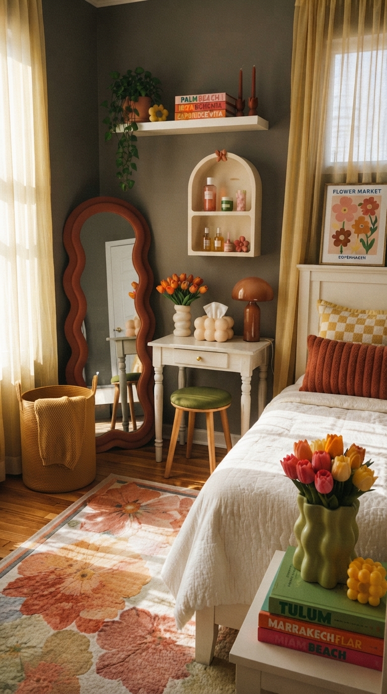 A cozy bedroom with terracotta walls, mustard bedding, and earthy decor accents