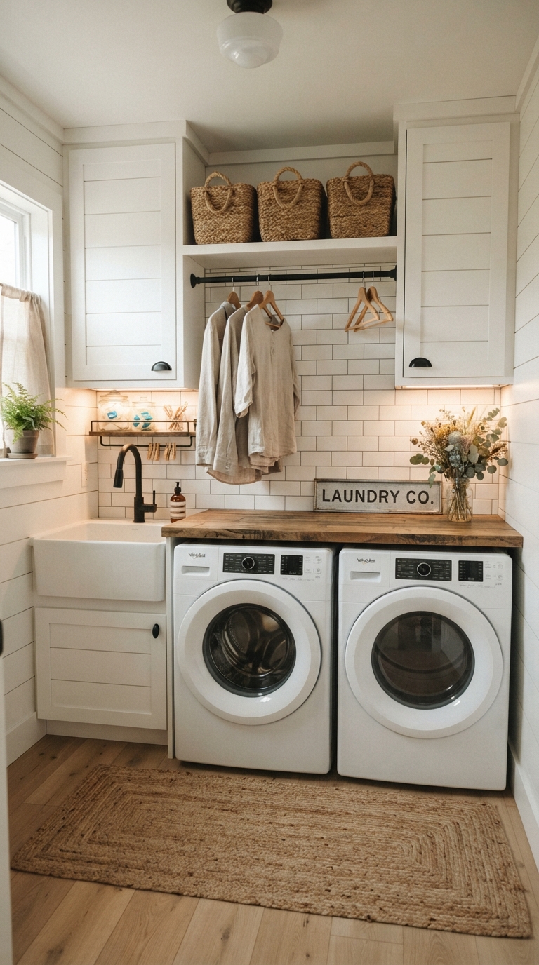 Farmhouse small laundry room with rustic decor, open shelving, and a top-load washer