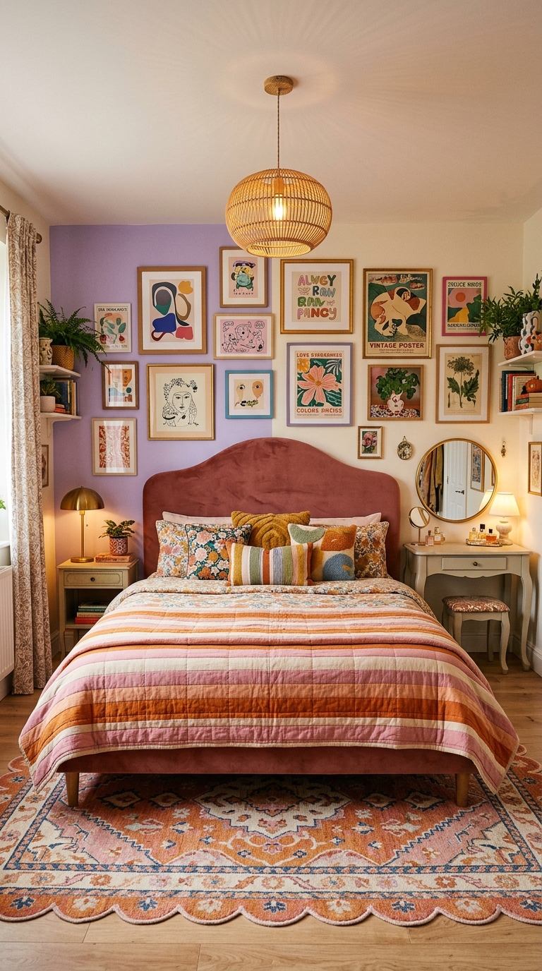 Colorful apartment bedroom with bright textiles, patterned pillows, and a vibrant bedspread