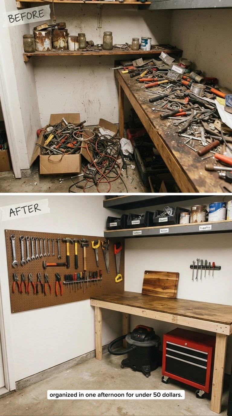 Transformed small workshop with neatly organized tools on pegboard and shelves, before and after comparison