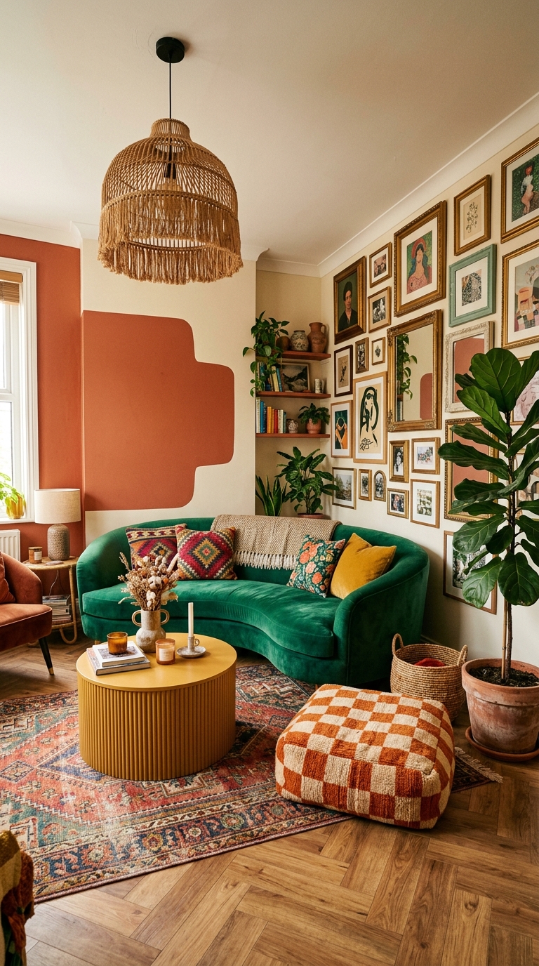 A maximalist apartment living room with colorful furniture, layered textiles, and eclectic decor items on shelves