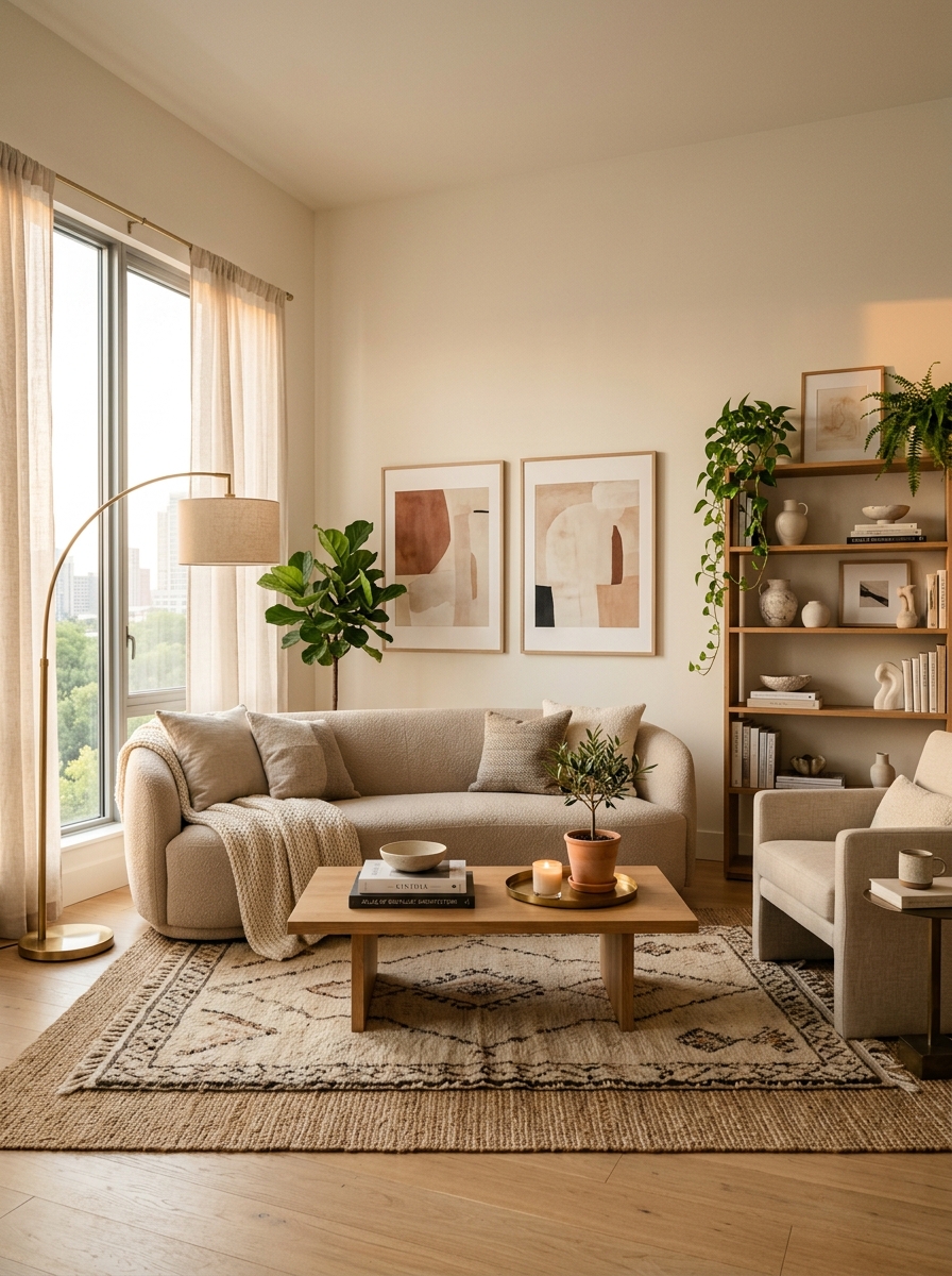 Apartment living room with a neutral sofa and cozy decor elements