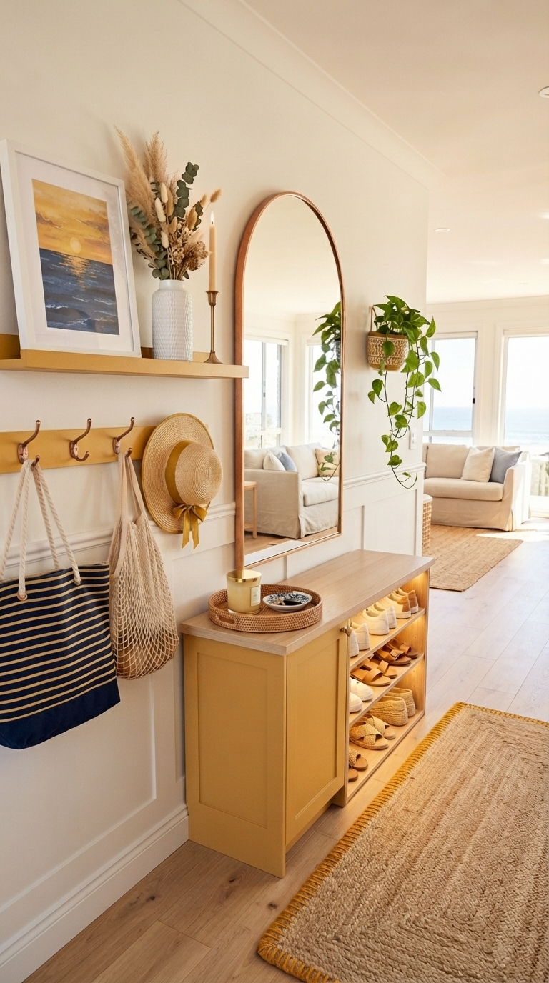 A warm mustard and copper coastal entryway with a sunny, cheerful beach house foyer design featuring a console table, mirror, and decorative accents.