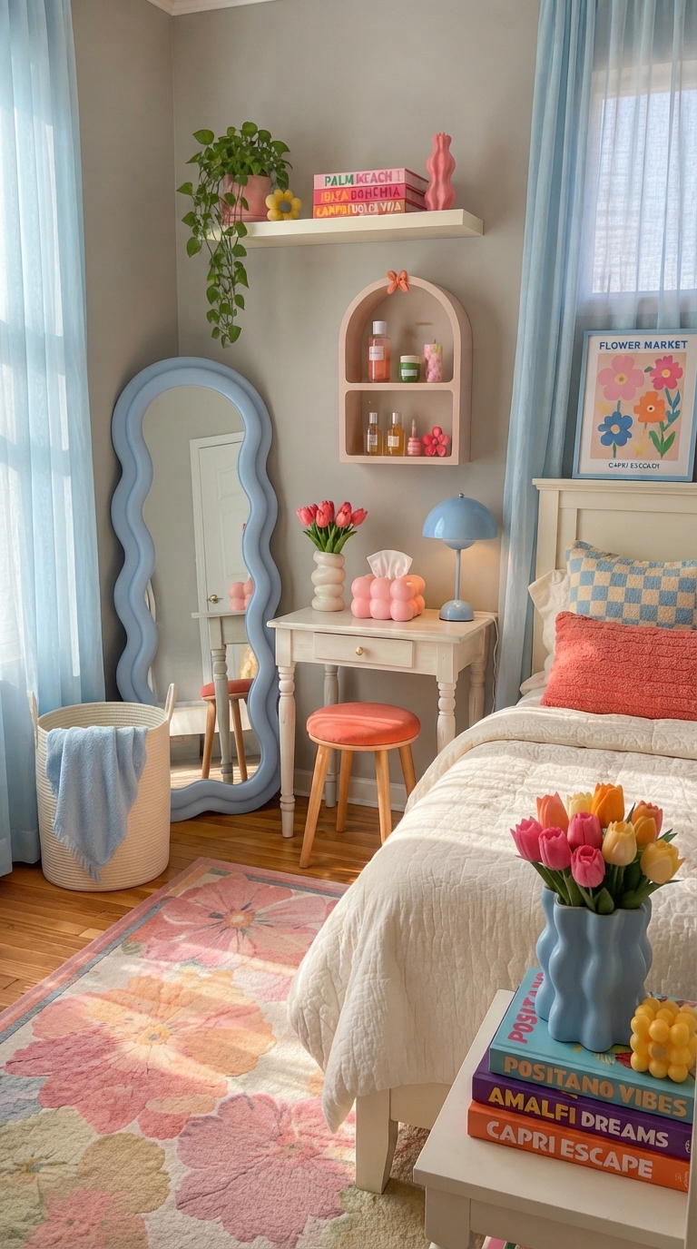 Coral and blue bedroom decor with cheerful accents and bright pillows