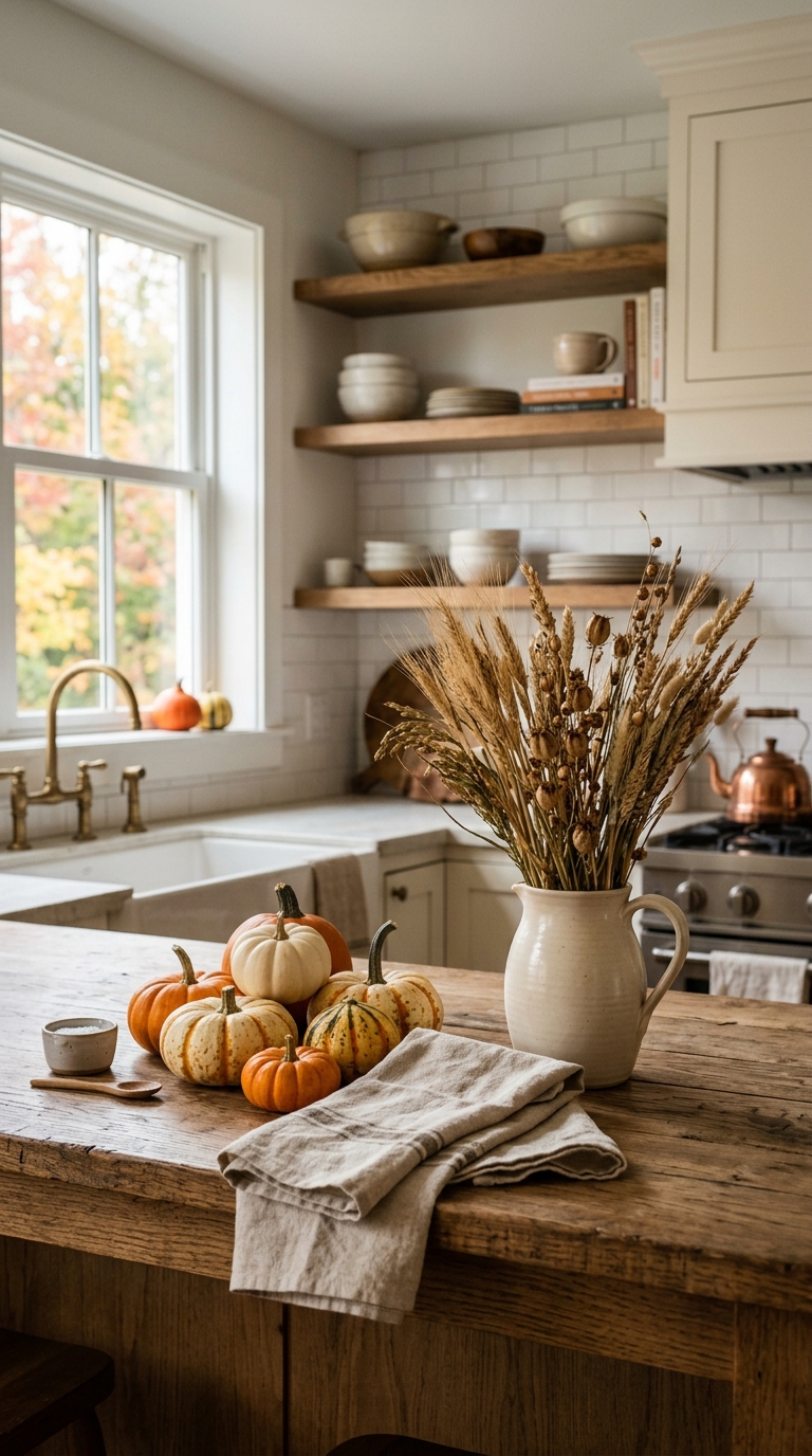 A beautifully styled kitchen counter with fall decor elements like pumpkins, candles, and warm textiles creating a cozy seasonal look.