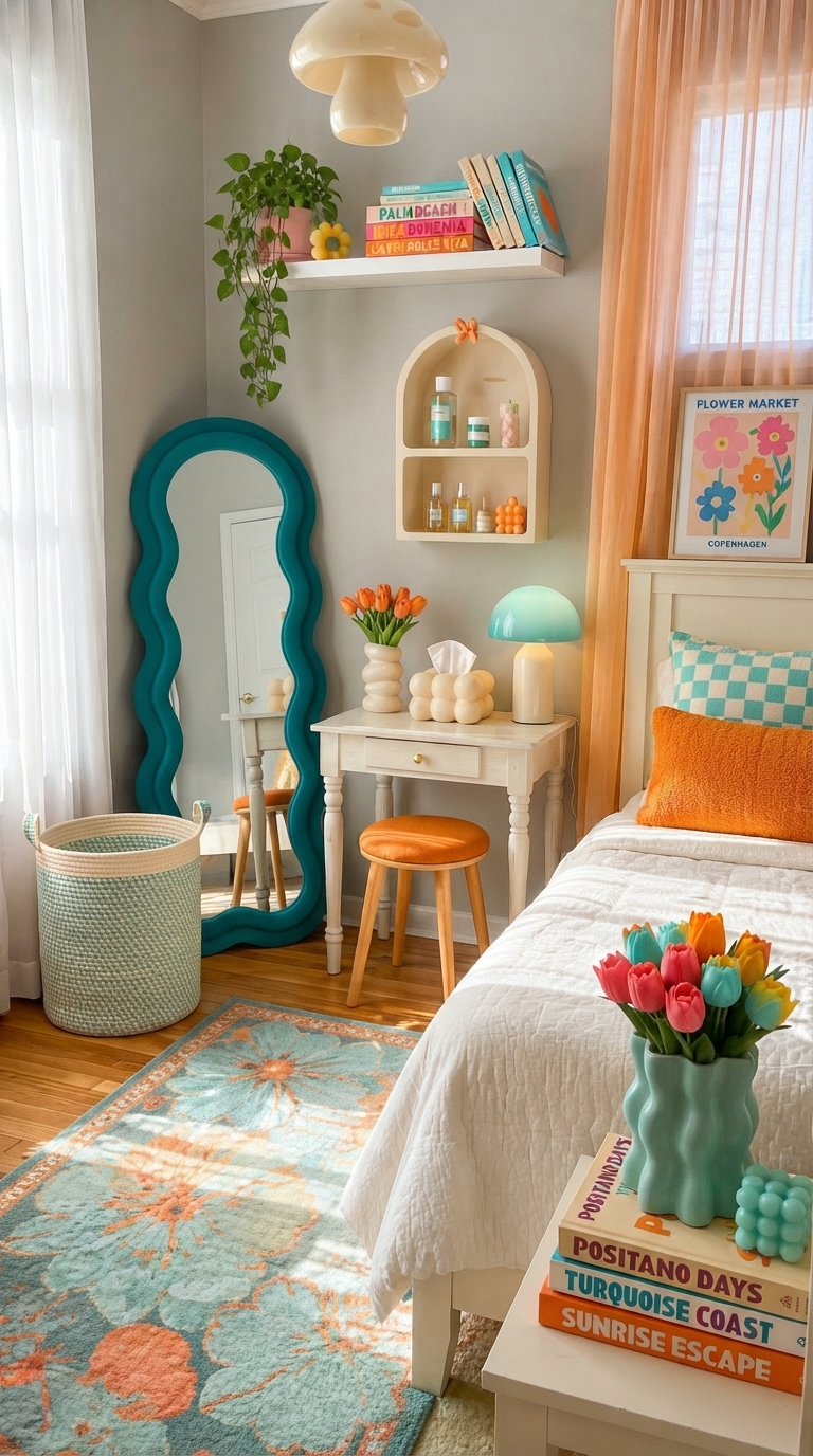 A stylish bedroom featuring orange and turquoise accents with a bold, playful design