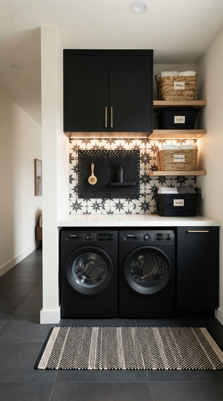 Black laundry room organization system with shelves, baskets, and hooks