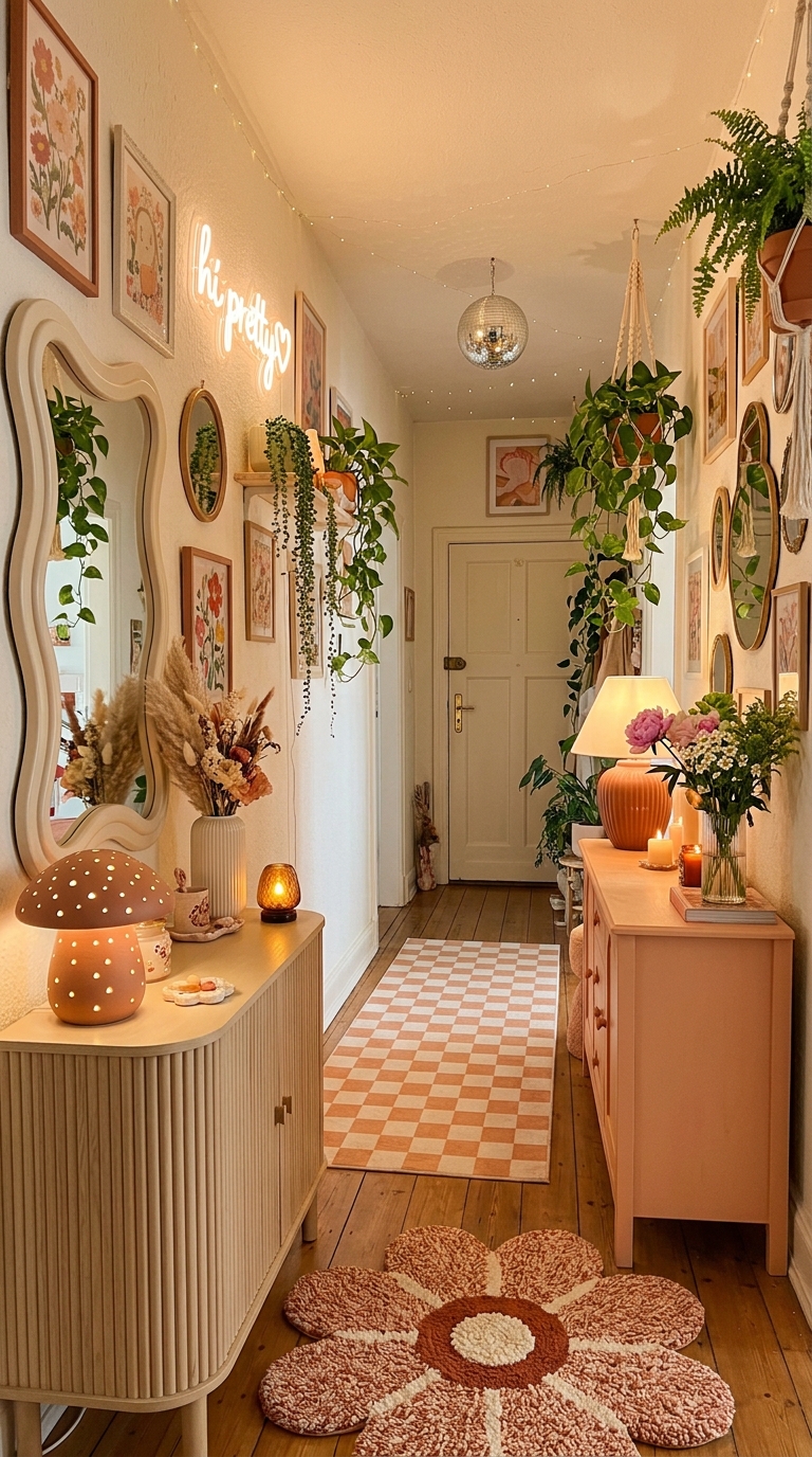 Whimsical girly interior with warm tones featuring blush pink walls, a golden brass mirror, and soft velvet chairs in a cozy living room setting