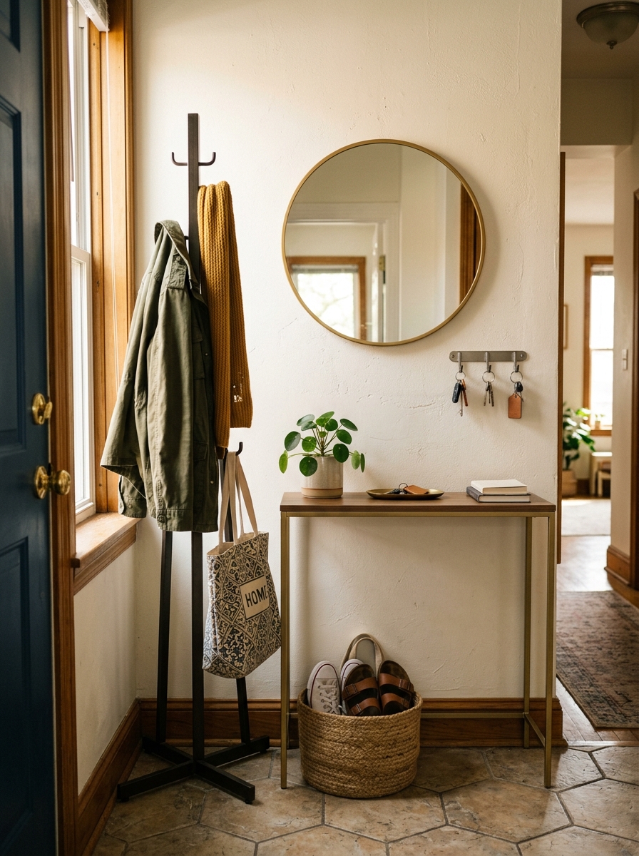 Apartment entryway with a console table decorated with a lamp, tray, and greenery