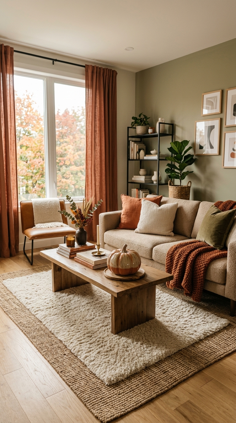 Cozy small apartment living room styled for fall with warm throws, candles, and autumn decor