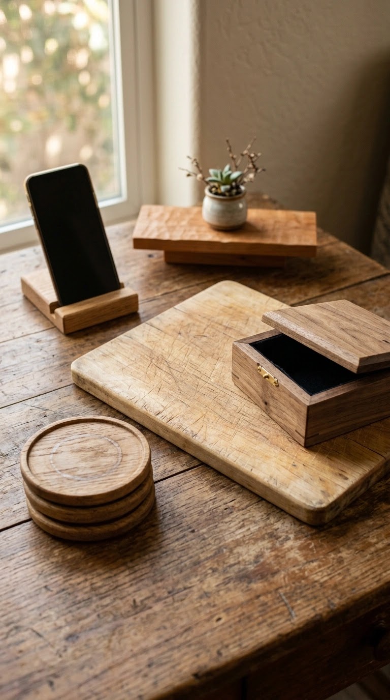 A beginner woodworker displaying three completed small woodworking projects for sale: a rustic wall shelf, a wooden serving tray, and a set of coasters, all arranged on a workbench.