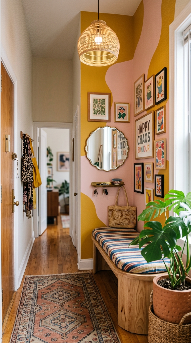 Bold color block apartment entryway with vibrant painted wall sections, modern console table, and decorative accessories.