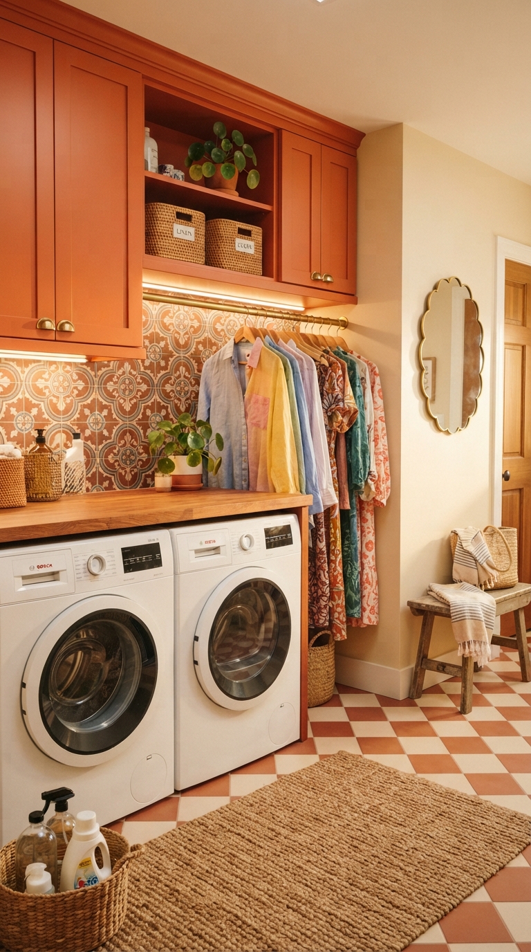 Vibrant colorful small laundry room with turquoise cabinetry, patterned tile floor, and decorative shelving