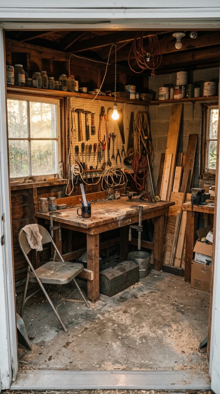 Compact organized home woodworking workshop with pegboard tools, workbench, and storage solutions
