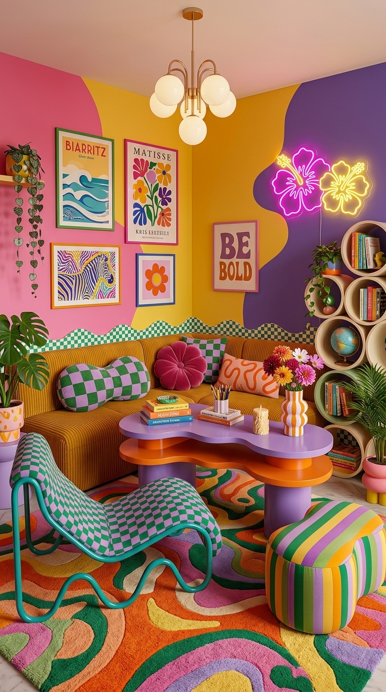 Vibrant maximalist apartment living room with bold patterns, eclectic decor, and rich colors