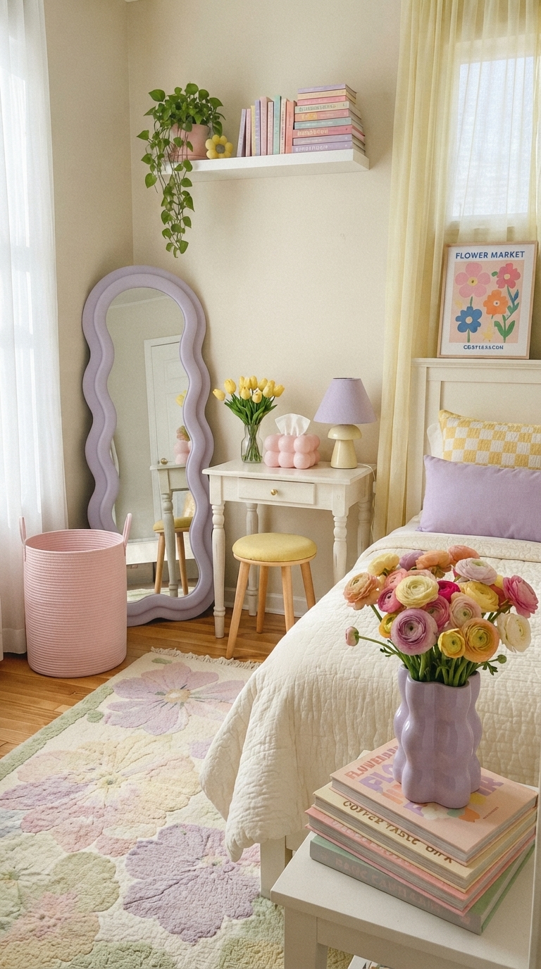 A serene bedroom with lavender walls, yellow throw pillows, and pastel decor creating a dreamy atmosphere
