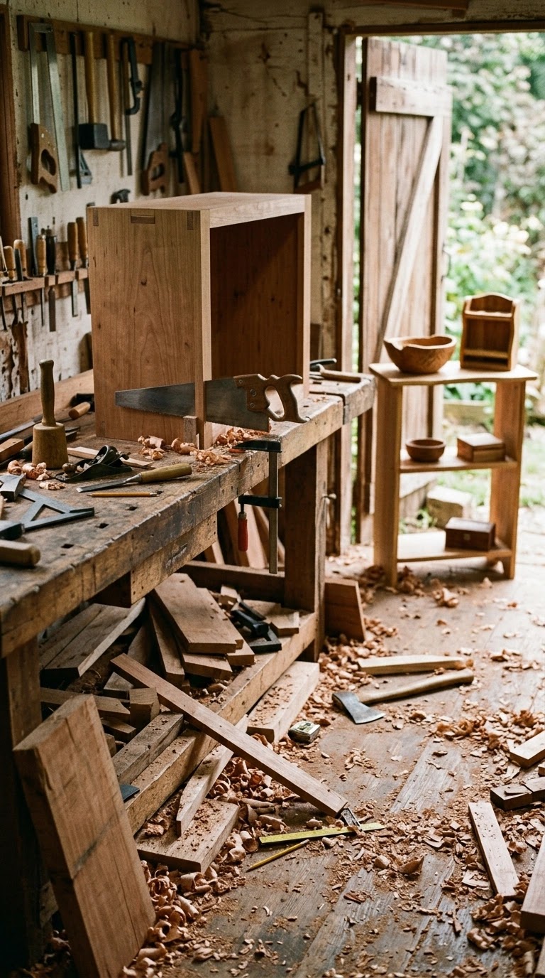 Woodworking business setup with tools and sawdust